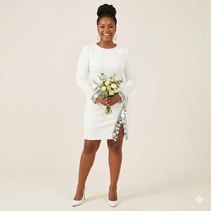 Vince Camuto Women's Dress 8 White Mini Long Sleeves Round Neck Sequin Bride 744